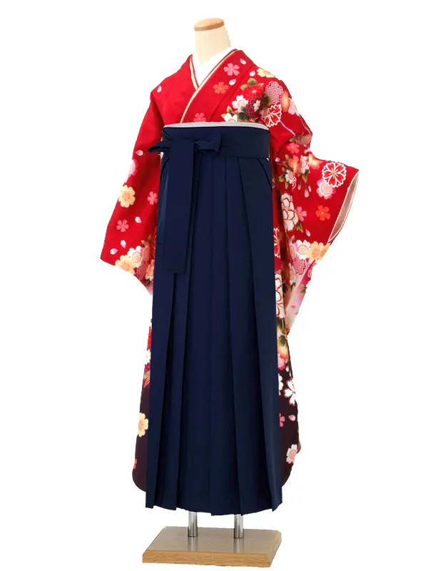 【正絹】卒業式女性袴 振袖袴 赤 菊牡丹桜/紺袴 0372