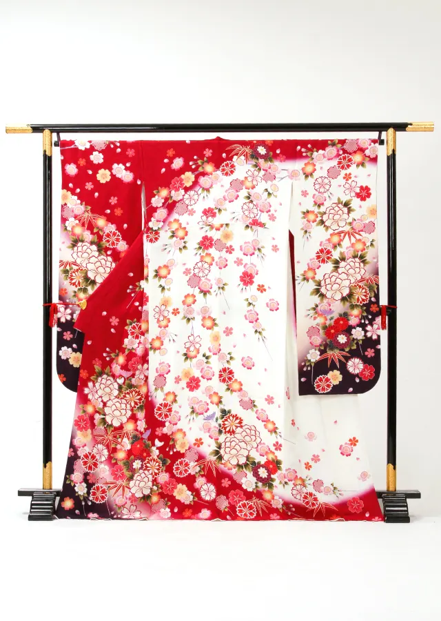 【正絹】卒業式女性袴 振袖袴 赤 菊牡丹桜/紺袴 0372