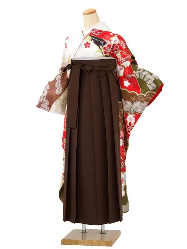 【正絹】卒業式女性袴 振袖袴 白 八重桜楓/茶袴 0376