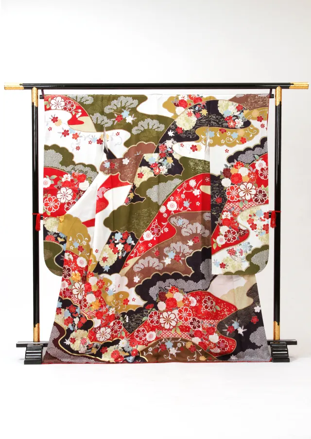 【正絹】卒業式女性袴 振袖袴 白 八重桜楓/茶袴 0376