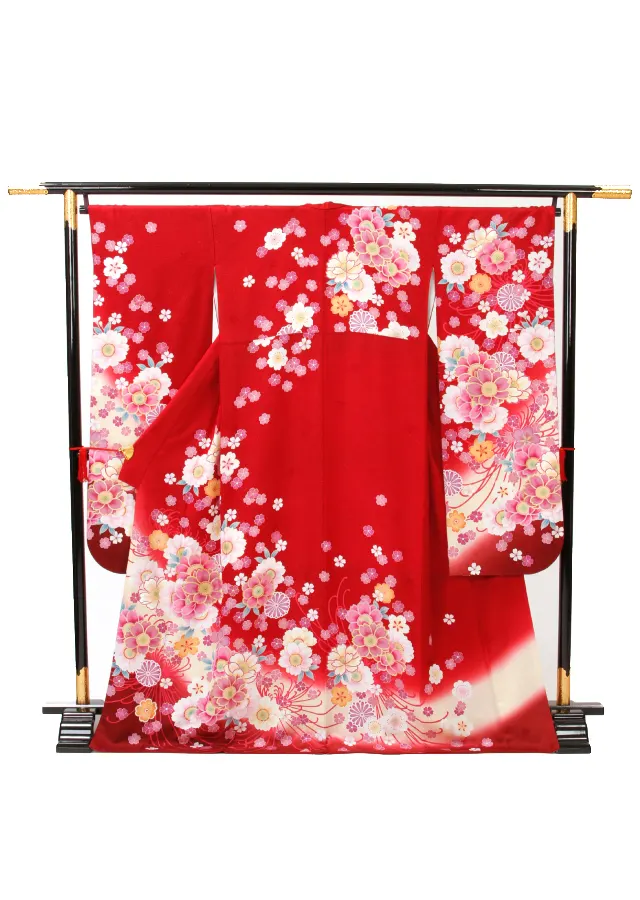 【正絹】卒業式女性袴 振袖袴 赤 菊八重桜/紺袴 0380