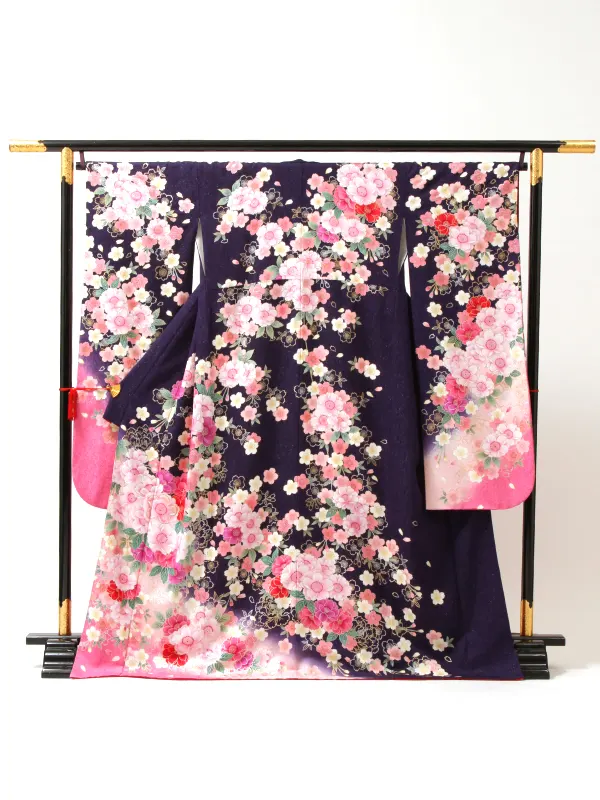 【正絹】卒業式女性袴 振袖袴 紫 八重桜/茶袴 0388