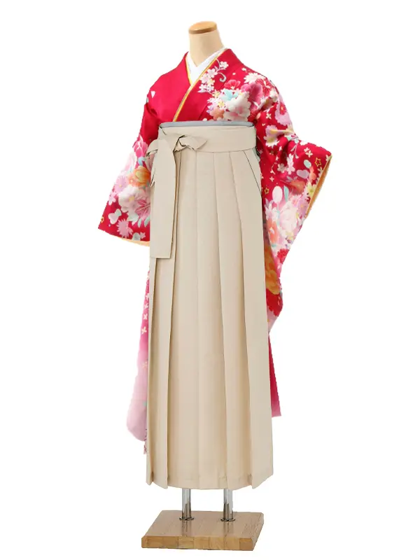 【正絹】卒業式女性袴 振袖袴 ピンク 牡丹菊鉄線花/ベージュ袴 0393