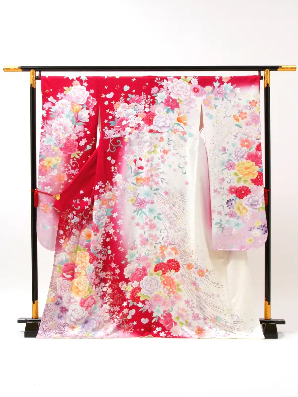 【正絹】卒業式女性袴 振袖袴 ピンク 牡丹菊鉄線花/ベージュ袴 0393