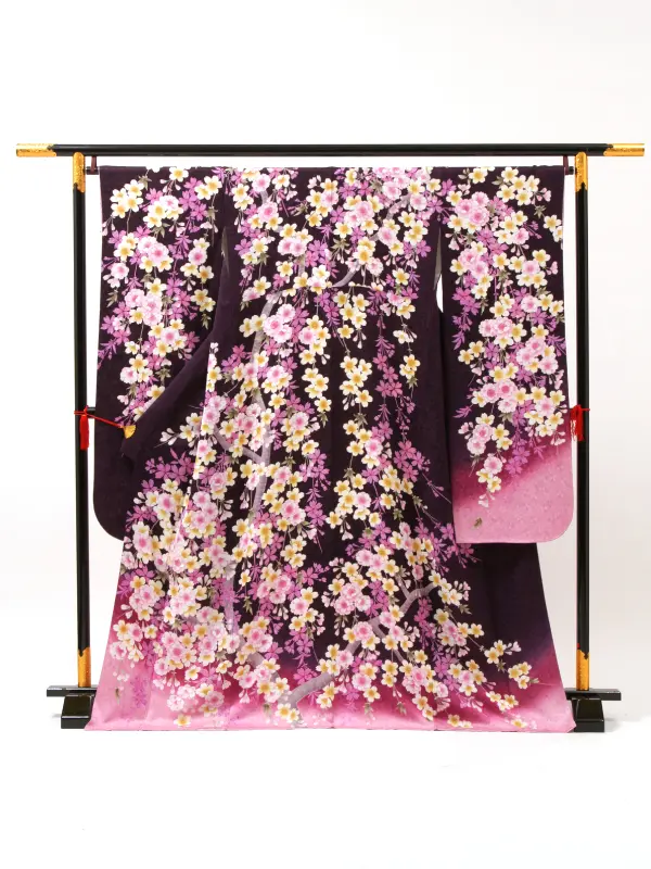 【正絹】卒業式女性袴 振袖袴 紫 八重桜/ベージュ袴 0395