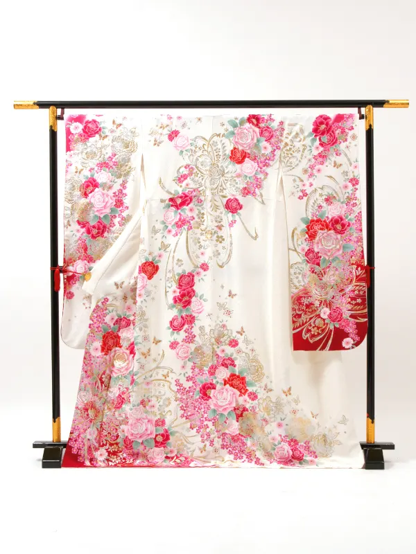 【正絹】卒業式女性袴 振袖袴 白 薔薇牡丹菊/紺袴 0396