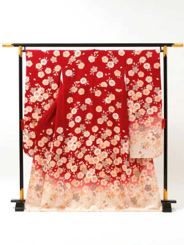 【正絹】卒業式女性袴 振袖袴 朱赤 八重桜/紺袴 0397