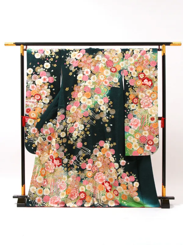 【正絹】卒業式女性袴 振袖袴 緑 牡丹藤菊/茶袴 0399