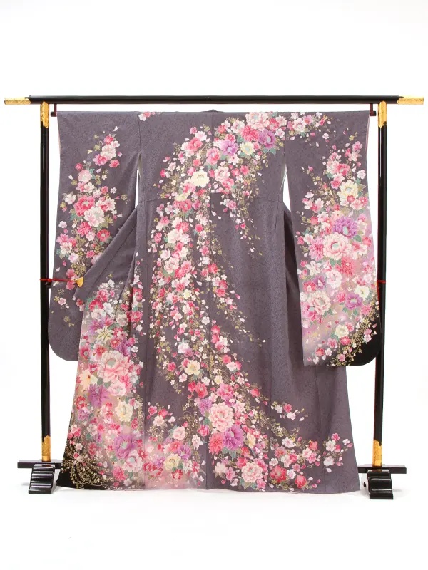 【正絹】卒業式女性袴 振袖袴 紫 牡丹菊桜/茶袴 0400