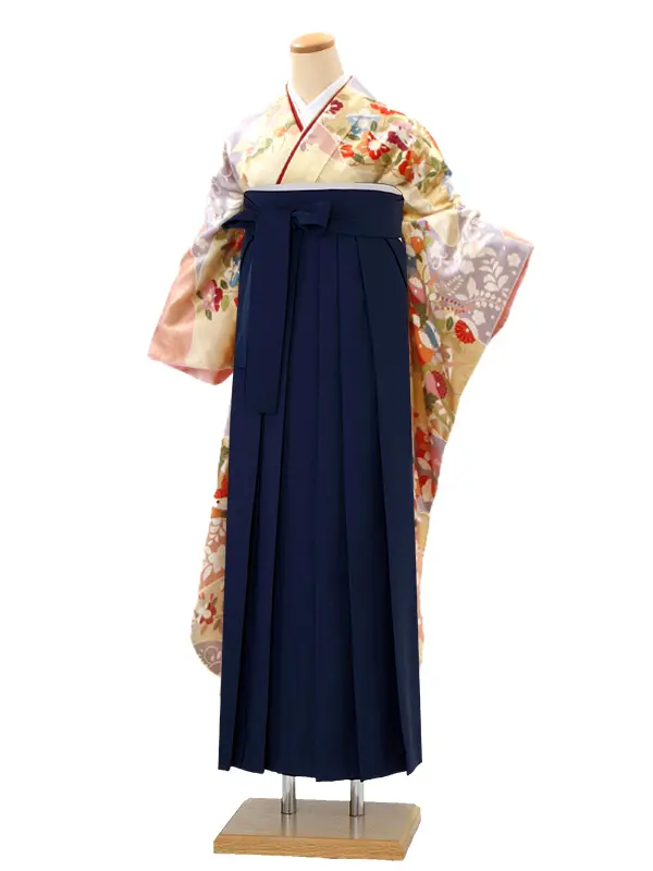 【正絹】卒業式女性袴 振袖袴 黄 菊桜楓/紺袴 0403