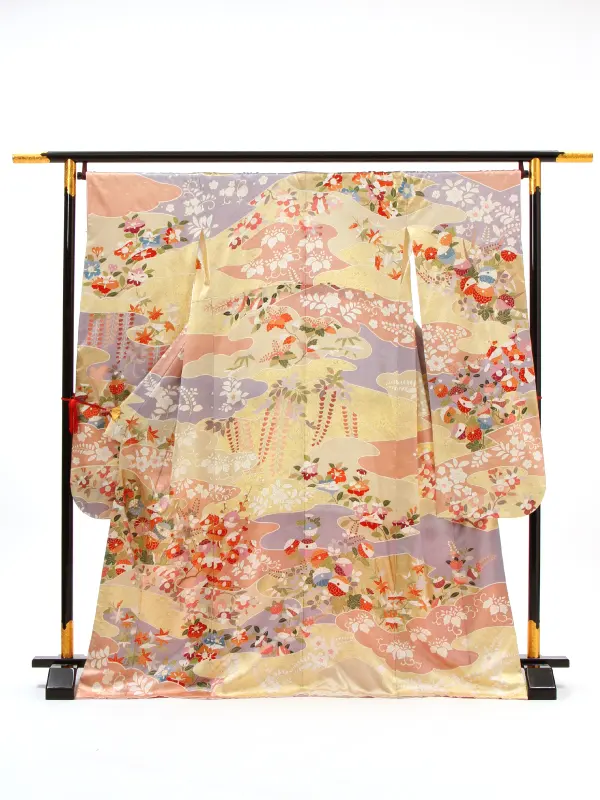 【正絹】卒業式女性袴 振袖袴 黄 菊桜楓/紺袴 0403