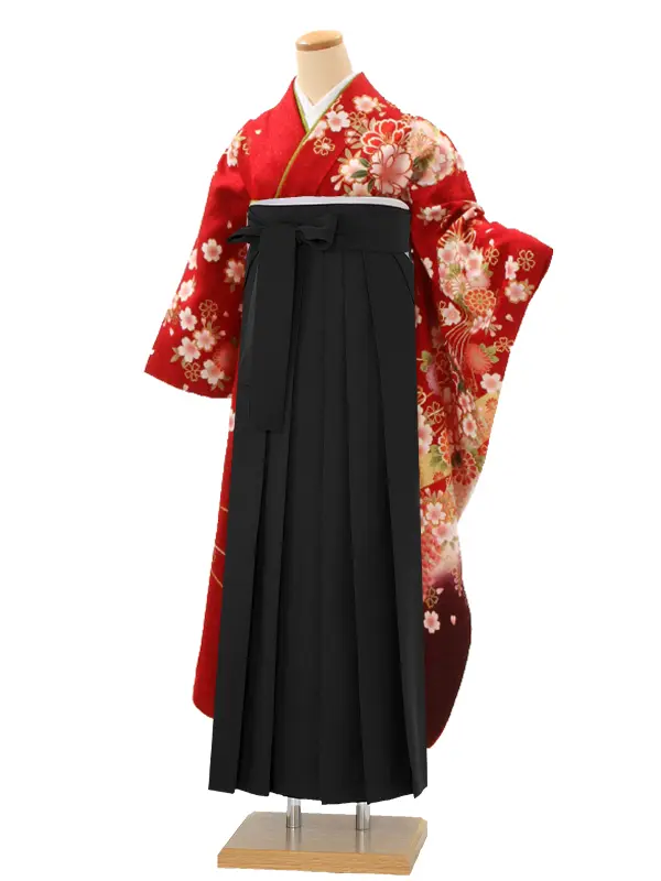 【正絹】卒業式女性袴 振袖袴 赤 桜牡丹菊藤 くす玉/黒袴 0409