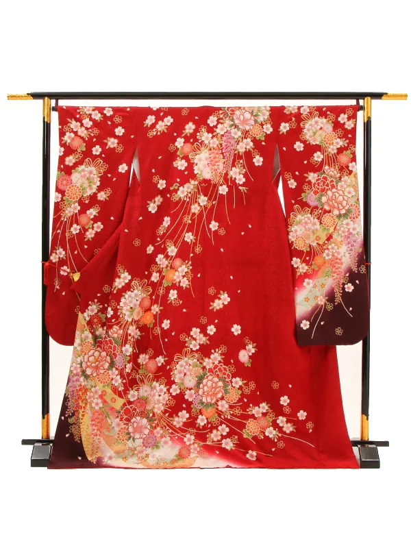 【正絹】卒業式女性袴 振袖袴 赤 桜牡丹菊藤 くす玉/黒袴 0409
