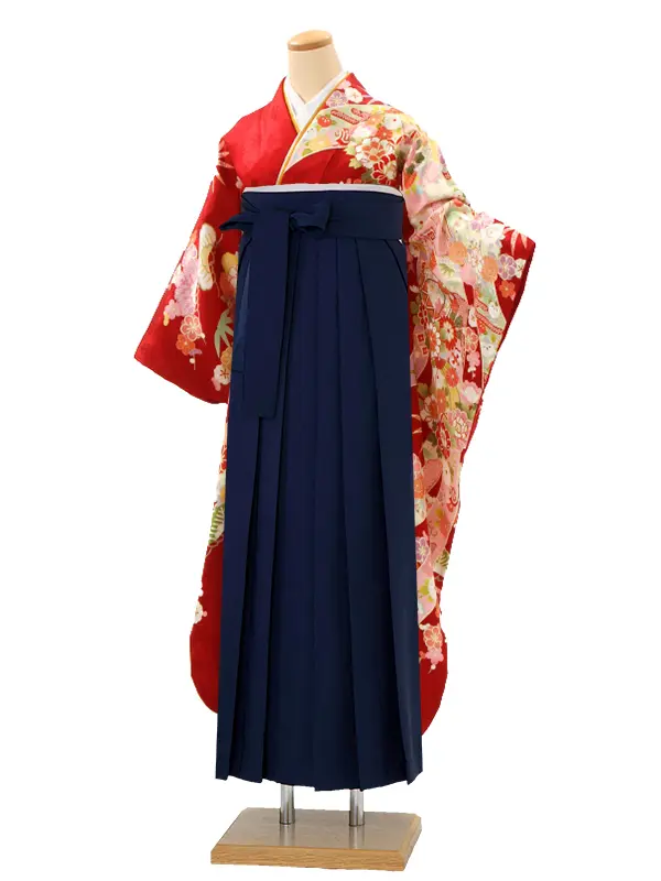 【正絹】卒業式女性袴 振袖袴 赤 菊牡丹 まり熨斗/紺袴 0412