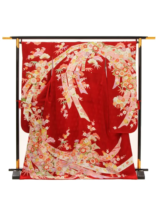 【正絹】卒業式女性袴 振袖袴 赤 菊牡丹 まり熨斗/紺袴 0412