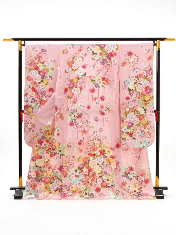 【正絹】卒業式女性袴 振袖袴 ピンク 牡丹菊桜 まり/ベージュ袴 0425