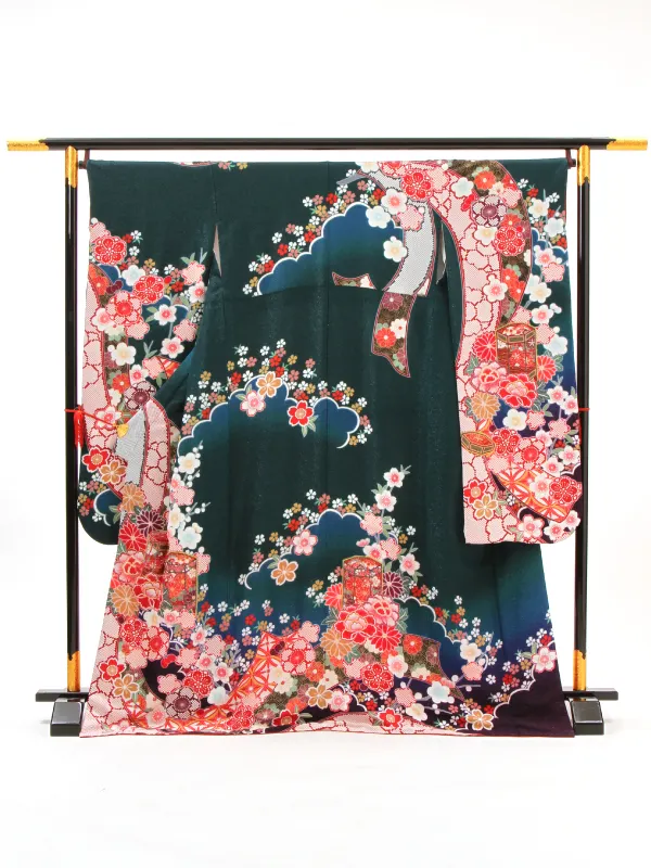 【正絹】卒業式女性袴 振袖袴 緑 牡丹菊桜 貝桶/茶袴 0427