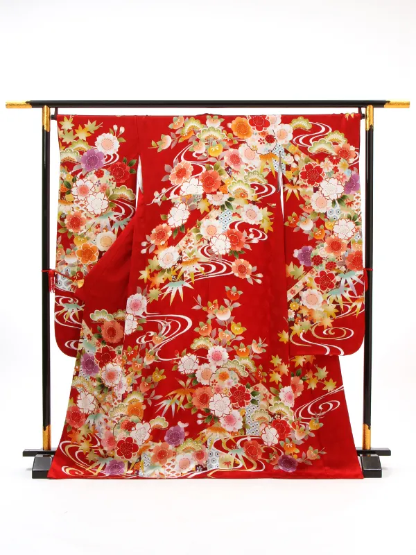 【正絹】卒業式女性袴 振袖袴 赤 梅桜楓 流水/茶袴 0430