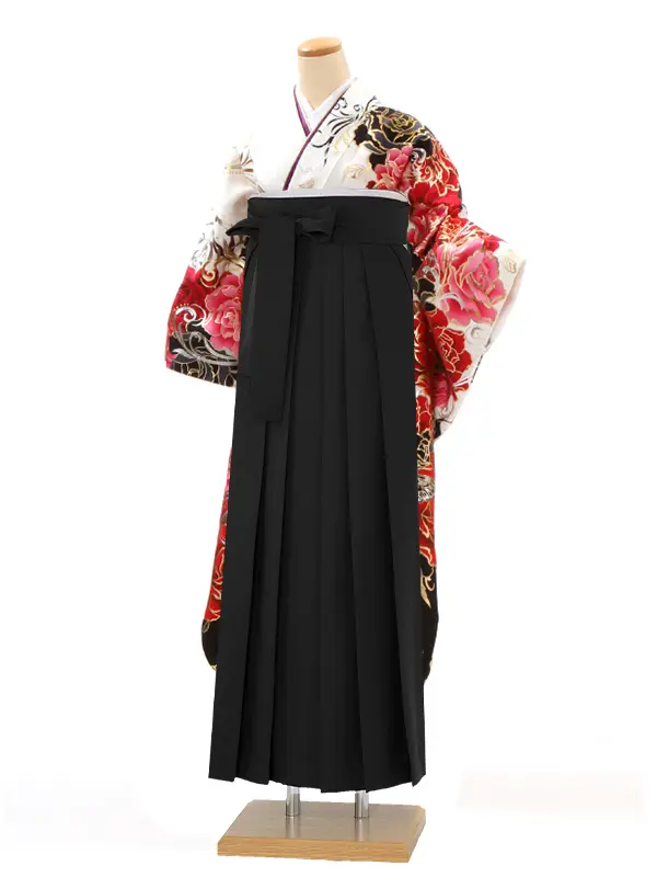 【正絹】卒業式女性袴 振袖袴 白黒 薔薇 蝶/黒袴 0432