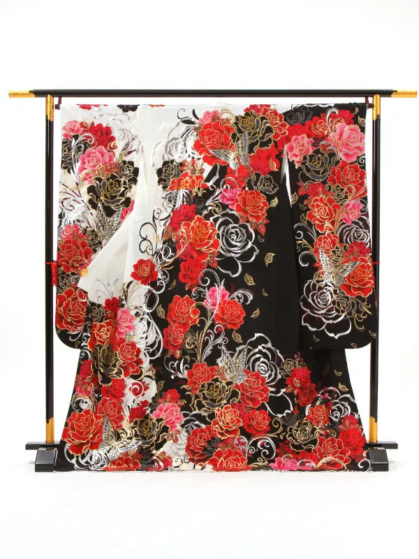 【正絹】卒業式女性袴 振袖袴 白黒 薔薇 蝶/黒袴 0432