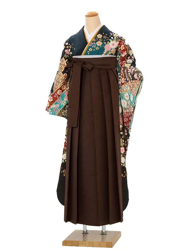 【正絹】卒業式女性袴 振袖袴 緑 桜 辻が花/茶袴 0434