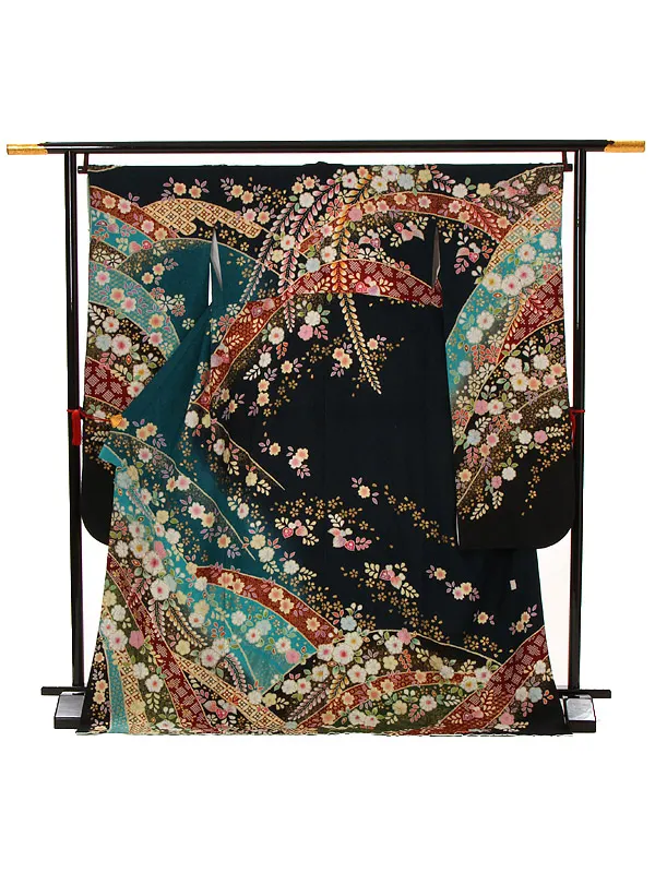 【正絹】卒業式女性袴 振袖袴 緑 桜 辻が花/茶袴 0434