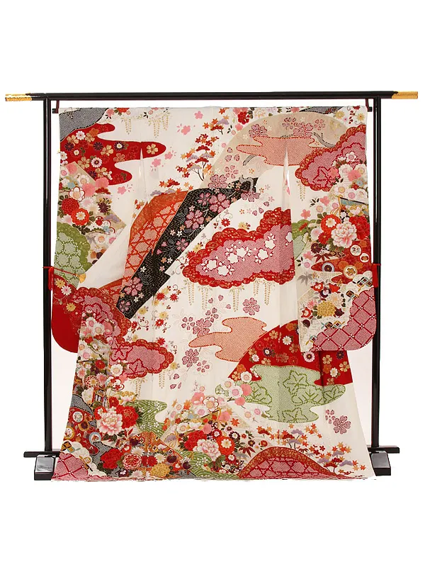 【正絹】卒業式女性袴 振袖袴 赤 牡丹菊桜 御所車/紺袴 0437