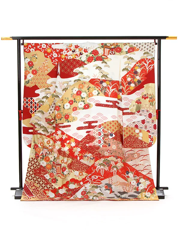 【正絹】卒業式女性袴 振袖袴 赤 菊梅 御所車/黒袴 0438