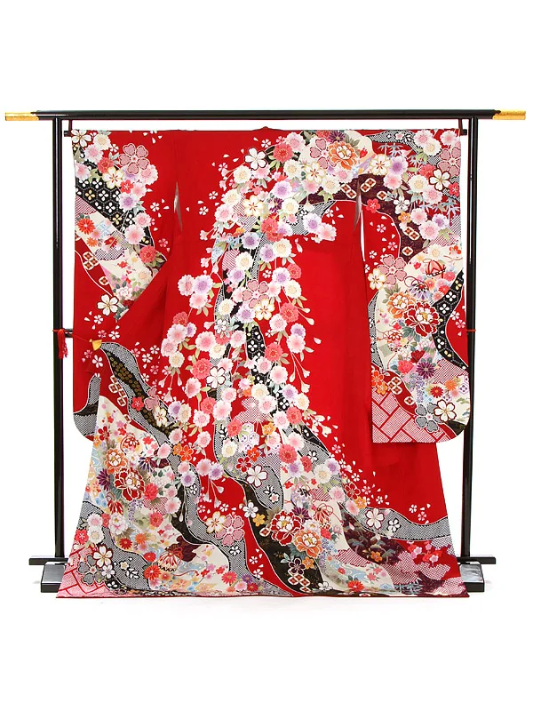 【正絹】卒業式女性袴 振袖袴 赤 牡丹菊八重桜/黒袴 0440