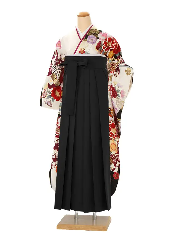 【正絹】卒業式女性袴 振袖袴 白 八重桜/黒袴 0441