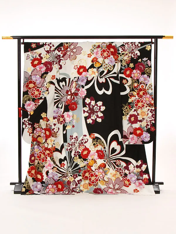 【正絹】卒業式女性袴 振袖袴 白 八重桜/黒袴 0441