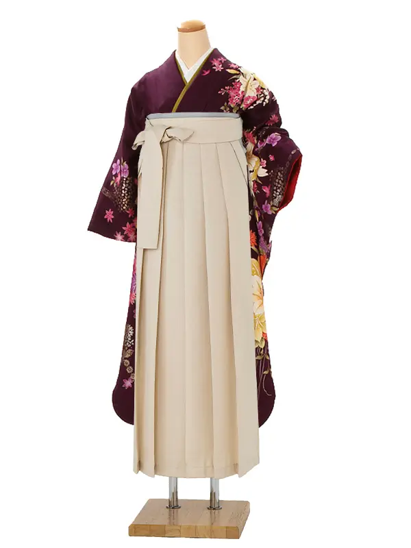 【正絹】卒業式女性袴 振袖袴 紫 牡丹鉄線花/ベージュ袴 0442