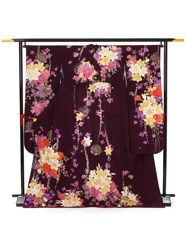 【正絹】卒業式女性袴 振袖袴 紫 牡丹鉄線花/ベージュ袴 0442