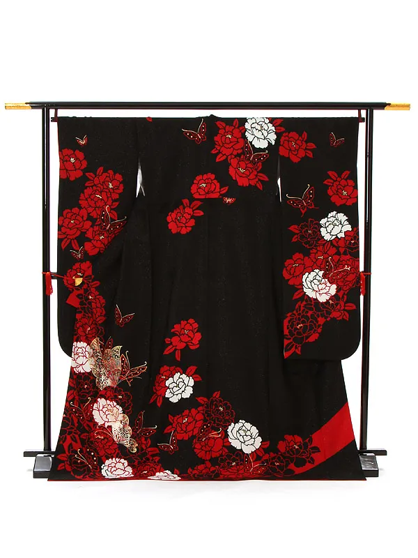 【正絹】卒業式女性袴 振袖袴 黒 牡丹蝶/黒袴 0445