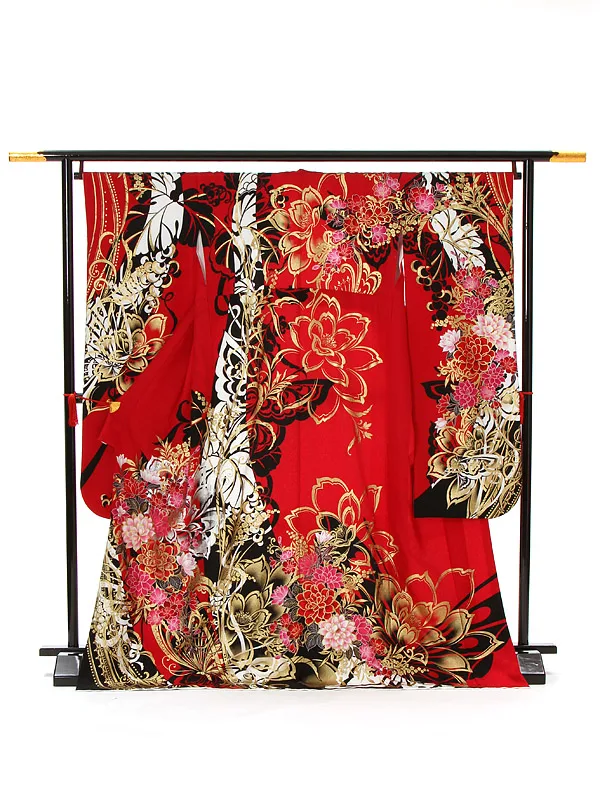 【正絹】卒業式女性袴 振袖袴 赤 菊/黒袴 0446