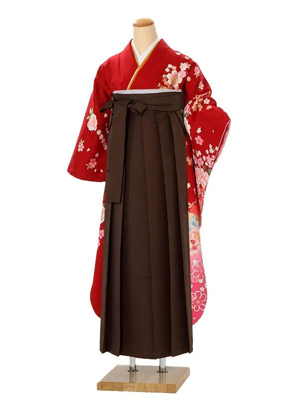 【正絹】卒業式女性袴 振袖袴 赤 八重桜/茶袴 0453