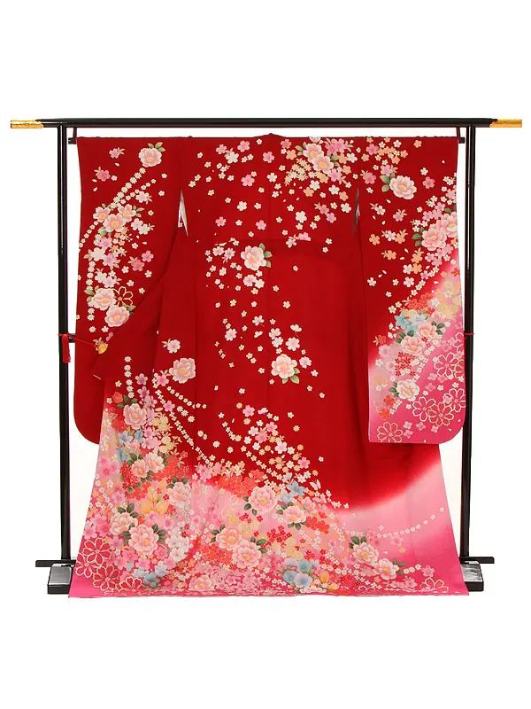 【正絹】卒業式女性袴 振袖袴 赤 八重桜/茶袴 0453