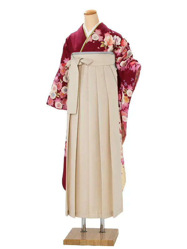 【正絹】卒業式女性袴 振袖袴 紫 八重桜/ベージュ袴 0461