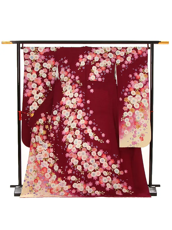 【正絹】卒業式女性袴 振袖袴 紫 八重桜/ベージュ袴 0461