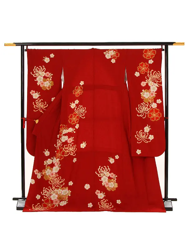 【正絹】卒業式女性袴 振袖袴 赤 桜菊/紺袴 0469