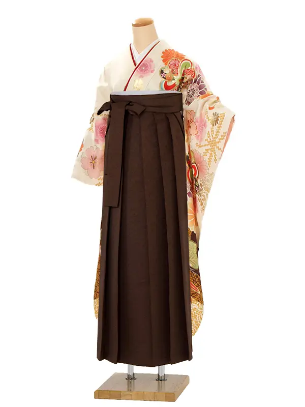 【正絹】卒業式女性袴 振袖袴 白 八重桜ねじり梅/茶袴 0471