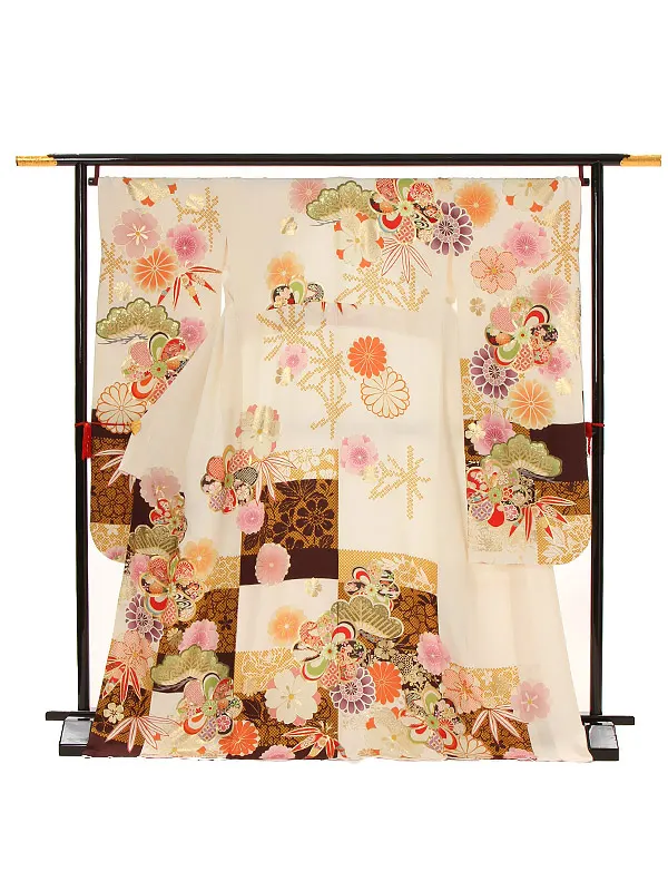 【正絹】卒業式女性袴 振袖袴 白 八重桜ねじり梅/茶袴 0471