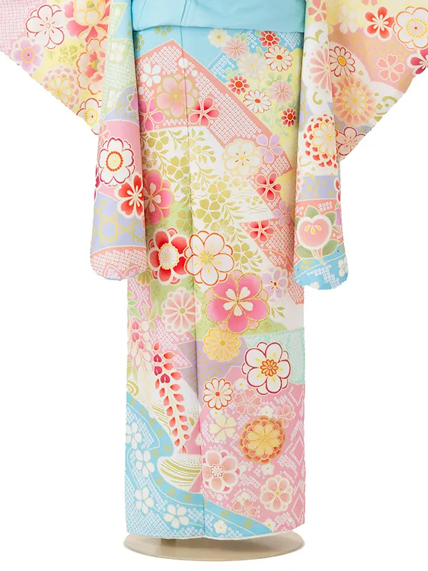 ジュニア着物レンタル（10歳前後女子結び帯）式部浪漫 水色 辻が花 Z002