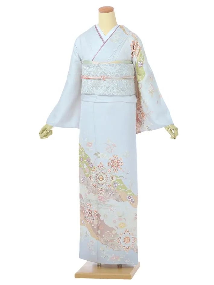 正絹訪問着ﾚ ﾝﾀﾙ 薄青 道長取り 鏡紋 8AD630