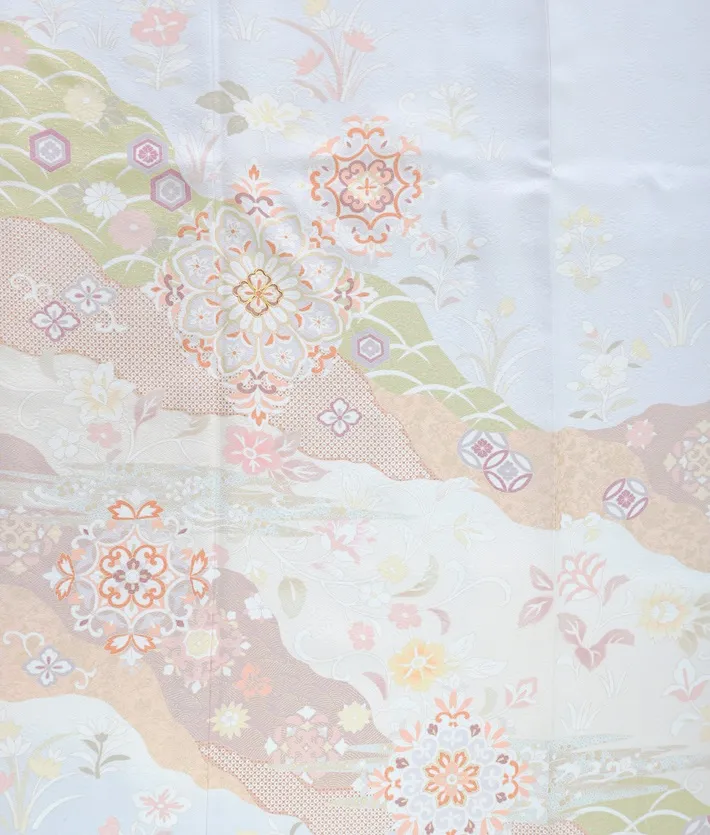 正絹訪問着ﾚ ﾝﾀﾙ 薄青 道長取り 鏡紋 8AD630