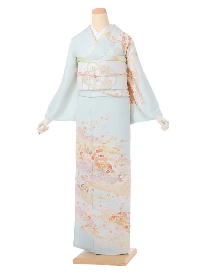 正絹訪問着ﾚ ﾝﾀﾙ 水色 雲取り 貝桶 8AD631