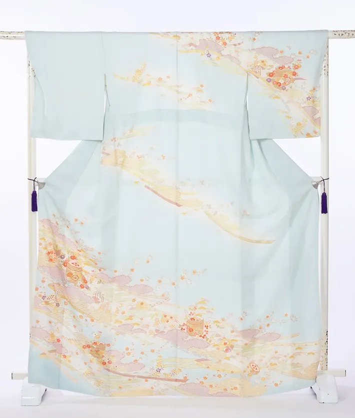 正絹訪問着ﾚ ﾝﾀﾙ 水色 雲取り 貝桶 8AD631