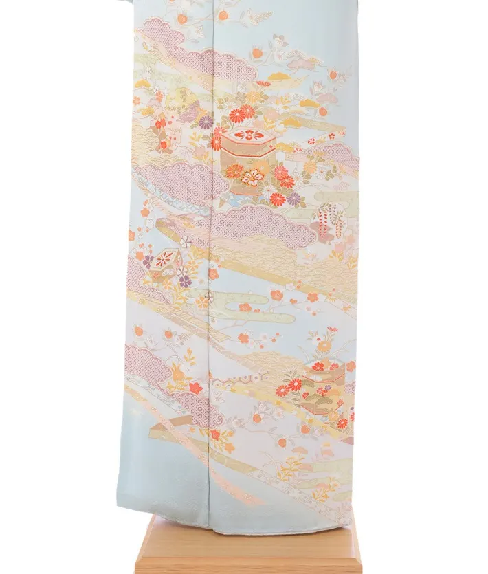 正絹訪問着ﾚ ﾝﾀﾙ 水色 雲取り 貝桶 8AD631