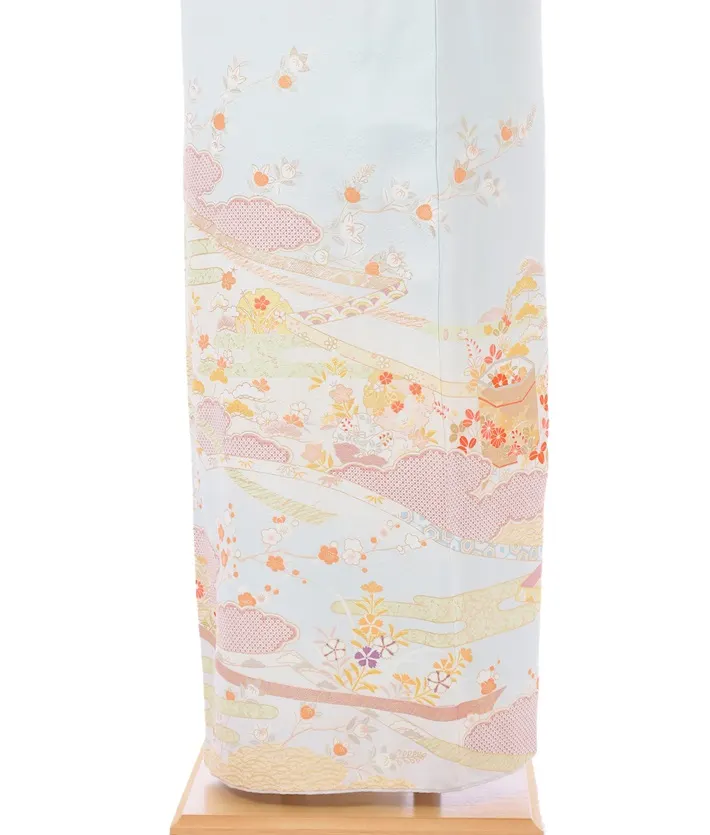 正絹訪問着ﾚ ﾝﾀﾙ 水色 雲取り 貝桶 8AD631