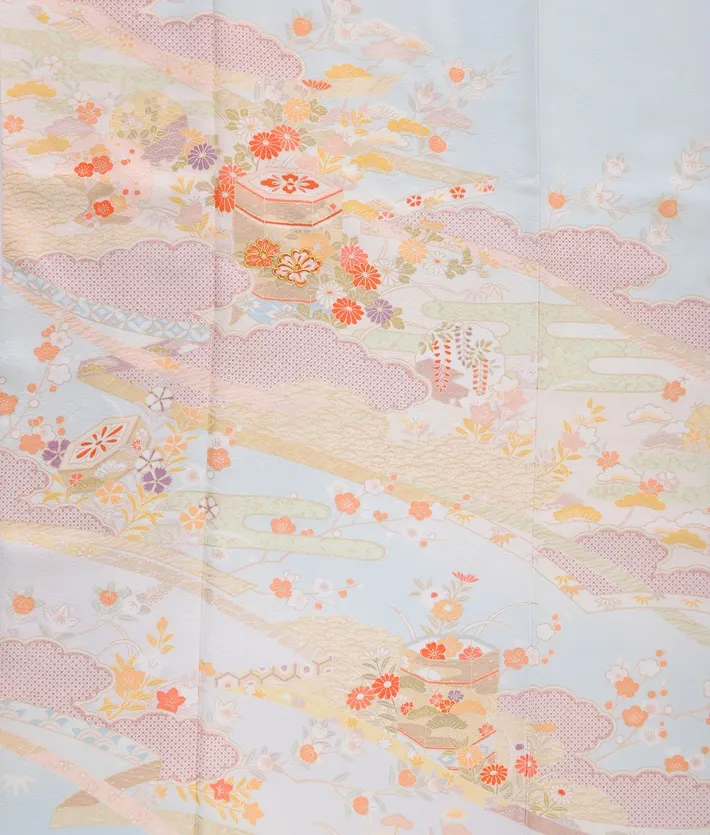 正絹訪問着ﾚ ﾝﾀﾙ 水色 雲取り 貝桶 8AD631